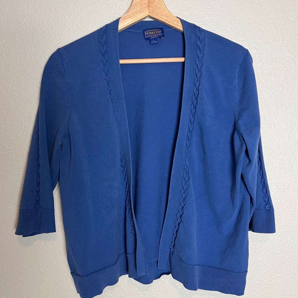 Pendleton Women's Blue Cardigan Sweater Size L Silk Blend Braided Detail